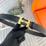 1:1  Hermes  Black Leather Belt  with Gold 'H' buckle  Buckle without Pattern 3.5cm